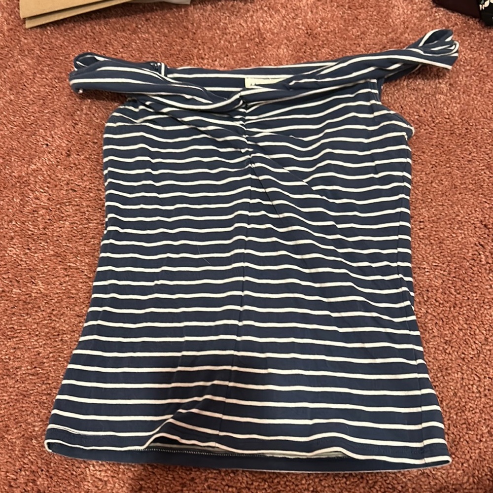 Off the shoulder blue and white striped shirt